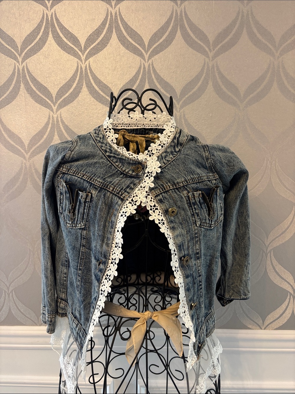 Girls Blue Denim Jacket with White Lace Trim